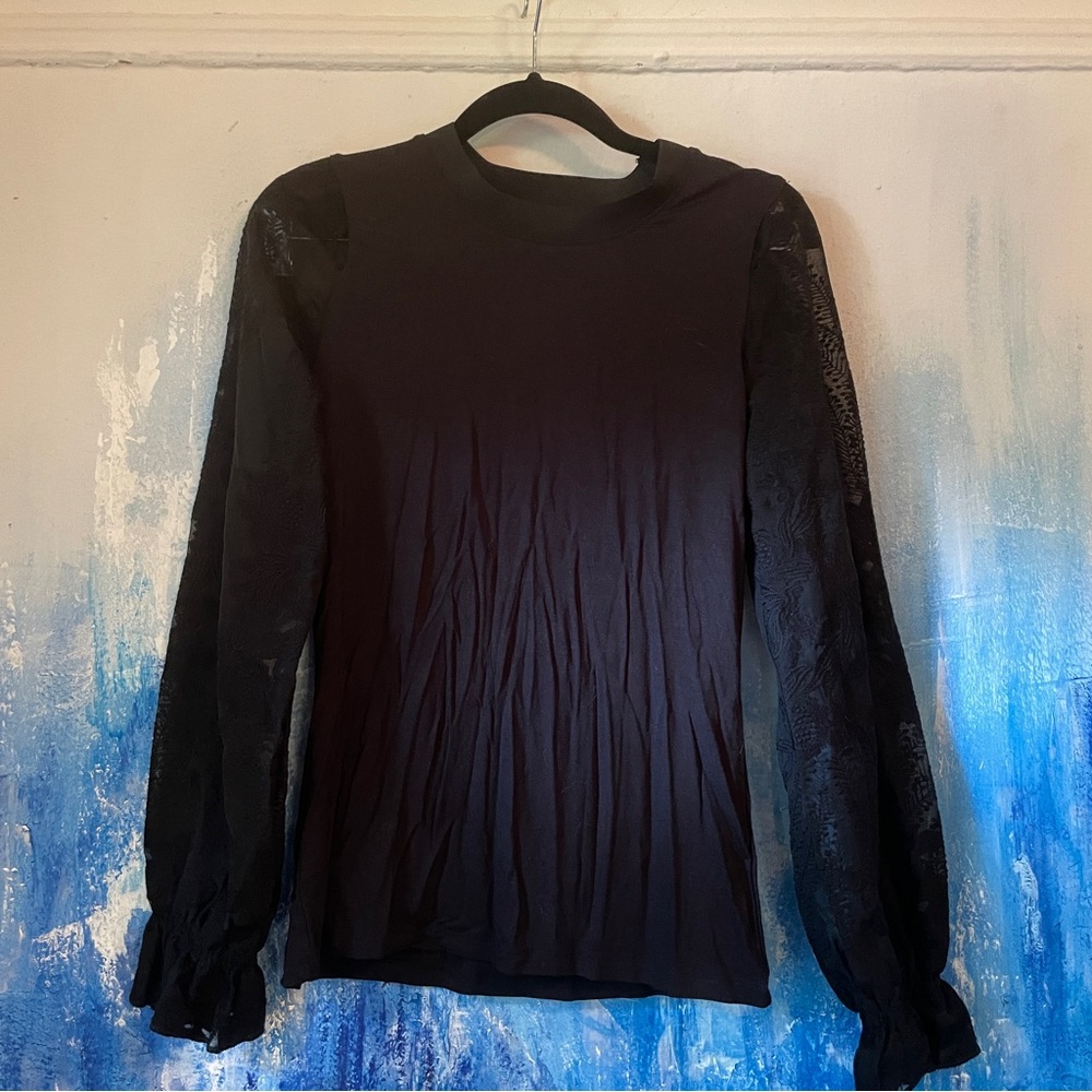 Tahari Gothic Black Long Sleeve Top with Sheer Lace Sleeves